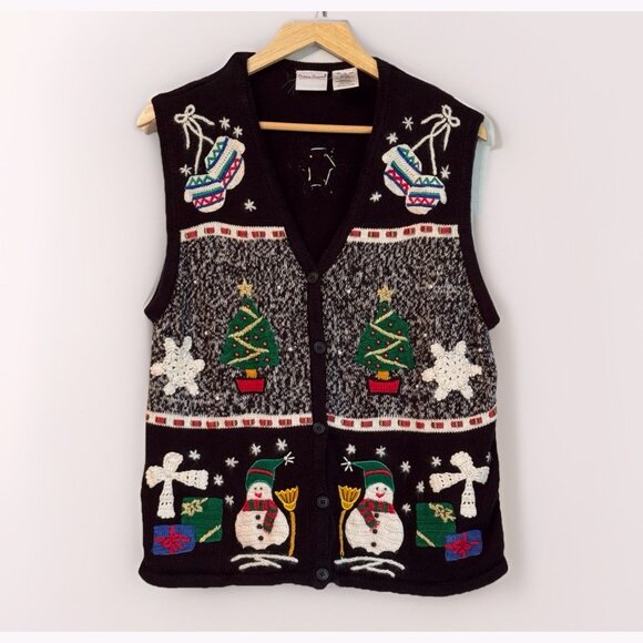 Brooks Brothers Women Ugly Christmas Sweater Vest Sz Large Holiday Snowman Tree - Picture 1 of 10